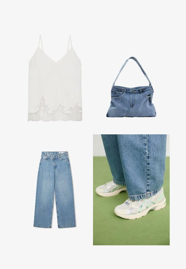 Hvid ærmeløs bluse med V-udskæring, der har en blondekant i bølget mønster ved kanten. Glat tekstur og minimalistisk design.; Lyseblå vide denimjeans med høj talje, fem lommer, knaplukning og diskret falmning for tekstur.; Hvide og sølvfarvede mesh sneakers med grønne accenter, båret med løse blå jeans, stående på et grønt tæppe.; Denim skuldertaske med en buet rem, to forlommer og en knaplukning, der har lyseblåt stof og kontrasterende syninger.; Sølvringe med en glat, poleret overflade. Har en unik oval form og en sikker lukningsdesign. Stemplet "925" for sterling sølv.