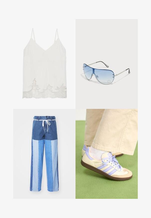 Blusa bianca senza maniche con scollo a V, caratterizzata da un bordo in pizzo all'orlo con un motivo ondulato. Texture liscia e design minimalista.; Pantaloni in denim blu con un design a patchwork in diverse sfumature di blu, vita con cordoncino e gambe ampie e dritte.; Sneakers crema e lavanda con tre strisce e suola marrone texturizzata, dotati di lacci e tallone imbottito. Parte superiore in tessuto morbido.; Occhiali da sole aviator con lenti blu sfumate, montatura in metallo argentato e decorazioni a forma di stella sulle lenti. Design liscio e sofisticato.