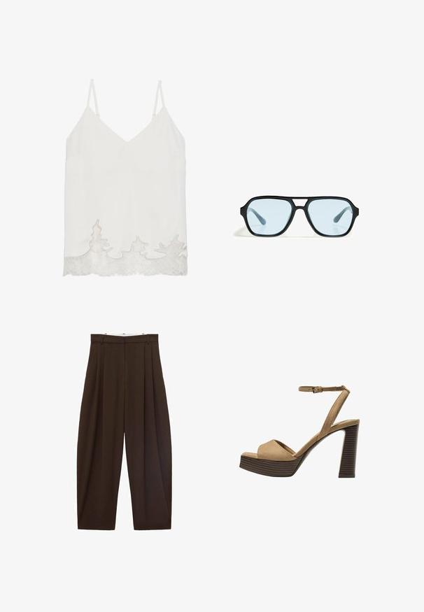 Hvid ærmeløs bluse med V-udskæring, der har en blondekant i bølget mønster ved kanten. Glat tekstur og minimalistisk design.; Brune højtaljede bukser med folder, lavet af glat stof. Løs pasform, straight leg design, med bæltestropper og lynlås.; Beige ruskinds højhælede sandaler med en bred foranrem og ankelrem, der har en kraftig træblokhæls struktur.; Sorte solbriller med rektangulære rammer, blåtonede linser og et karakteristisk brodesign. Slank finish, afdæmpet tekstur.; Mango Shopping bags - dark brown
