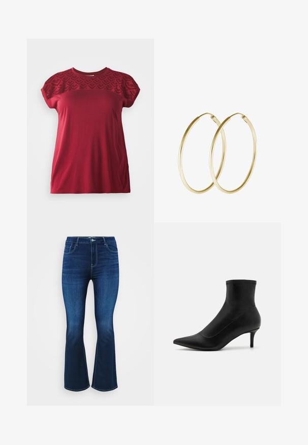 Rode T-shirt met korte mouwen en een gestructureerde, gemusterde kant op de schouders. Zacht materiaal met een ontspannen pasvorm, voorzien van een ronde halslijn en een gladde afwerking.; Donkerblauwe uitlopende spijkerbroeken van denim, met een vijf-pocket design, rits en knoopsluiting, en contrasterende stiksels langs de naden.; Zwarte enkellaarsjes van glad leer met een puntige neus en een korte, dunne hak. Heeft een naadloos ontwerp en subtiele stiksels.; Gouden hoop oorringen met een glad, rond ontwerp en een glanzende afwerking. Lichtgewicht constructie met een stevige sluiting.