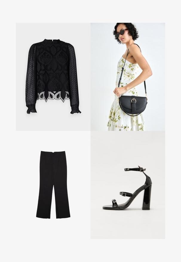 Blusa nera con dettagli in pizzo intricato, maniche lunghe trasparenti a pois, colletto alto e polsini con volant. Orlo decorativo con bordo scallop.; Pantaloni neri a gamba dritta, con tasche frontali e spacchi laterali all'orlo. Realizzati in tessuto morbido e liscio. Adatti a diverse occasioni.; Sandali con tacco in vernice nera, con punta squadrata, cinturini alla caviglia e fibbie in argento. Presentano un tacco a blocco spesso per maggiore stabilità.; Borsa a tracolla nera in pelle con una forma curva, manico rimovibile e accessori dorati. La borsa presenta una patta con un dettaglio a fibbia.