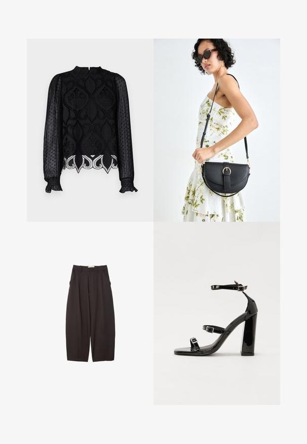 Crna bluzica s složenim čipkastim detaljima, prozirnim dugim rukavima sa točkicama, visokim izrezom i volanima na manžetama. Dekorativna donja obruba sa valovitim rubom.; Crne široke hlače napravljene od glatke tkanine, s visokim strukom, prednjim nabranjima i bočnim džepovima. Jednostavan dizajn bez ukrasa.; Crne lakirane sandale na pete sa kvadratnim nosom, trakama oko gležnja i srebrnim kopčama. Imaju čvrst blok petu za stabilnost.; Crna kožna torba s lukovitim oblikom, odvojivim remenom i zlatnim detaljima. Torba ima preklop s kopčom.