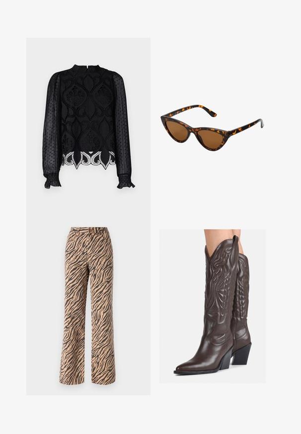 Black blouse featuring intricate lace detailing, sheer dotted long sleeves, high neckline, and frilled cuffs. Decorative hem with scalloped edge.; Wide-leg trousers with a tiger stripe pattern in shades of brown and black, featuring a standard waist and five-pocket design.; Brown leather cowboy boots with pointed toe and block heel, featuring detailed stitching and raised accents on the shaft.; Cat-eye sunglasses with a black and orange tortoiseshell frame, brown lenses, and sleek, pointed tips. Features a minimal logo on the temple.