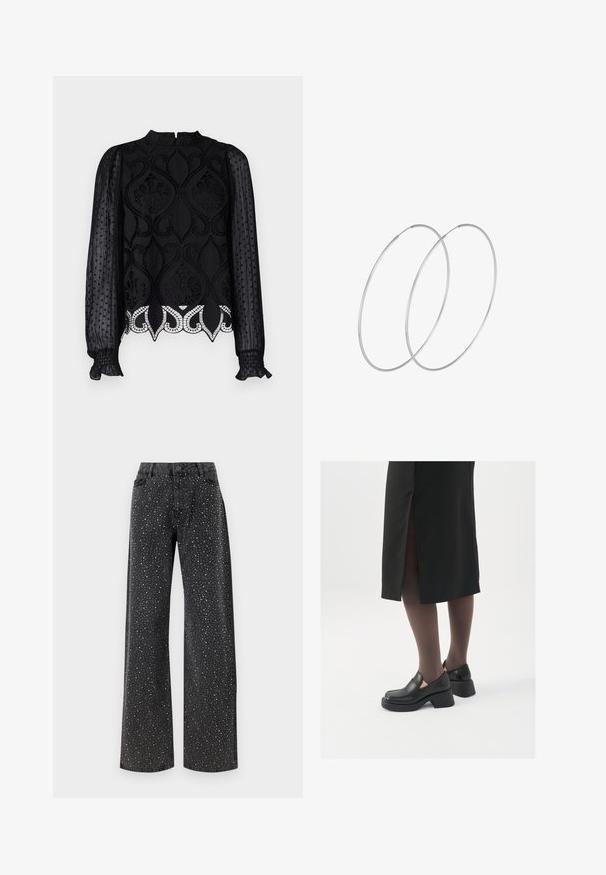 Czarna bluzka z misternymi koronkowymi detalami, przezroczystymi długaśnymi rękawami w kropki, wysoką szyją i falbaniastymi mankietami. Dekoracyjny dół z falbanym wykończeniem.; Noisy May NMJANNEL czarny denim; Czarne skórzane buty z okrągłym noskiem, grubym blokowym obcasem i elastycznymi akcentami po bokach, zestawione z ciemnymi rajstopami i czarną spódnicą z rozcięciem.; Srebrne kolczyki w formie obręczy o minimalistycznym designie. Okrągły kształt, gładka faktura i cienki profil. Lekkie, z polerowanym wykończeniem.