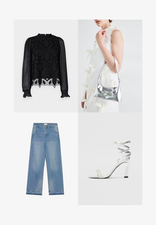 Svart bluse med intrikate blonderdetaljer, gjennomsiktige prikkete lange ermer, høy hals og volangkantede mansjetter. Dekorativ søm med bølgete kant.; Lys blå høyt liv vid ben jeans med knappelukking, frontlommer, beltehemper og subtile falmede detaljer.; Sølv høyhælte sandaler med et glitrende stroppdesign, som har en perle-lignende akcent og en spiralformet ankelstropp for sikker passform.; Sølvmetallisk håndveske med en strukturert form, med en topphåndtak og sløyfedetalj foran. Glatt tekstur, reflekterende overflate.