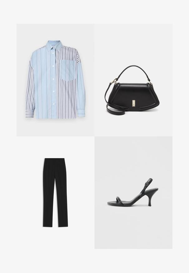 Button-up shirt featuring alternating light blue and black stripes, with a single chest pocket. Made of smooth fabric, long sleeves.; Black tailored trousers with a straight-leg design, featuring front pockets and a smooth, textured fabric. Neat, minimal detailing.; Black leather high-heeled sandals with a slim, curved heel and a crossed strap design. Adjustable ankle strap. Smooth texture.; Black leather handbag with a structured design, featuring a cropped shape, top handle, and gold hardware accent. Adjustable shoulder strap included.