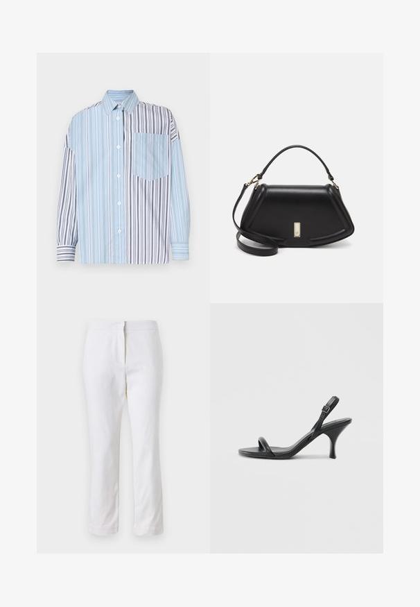 Camicia con bottoni caratterizzata da righe alternate di blu chiaro e nero, dotata di una singola tasca sul petto. Realizzata in tessuto morbido, maniche lunghe.; Pantaloni bianchi in cotone con design a gamba dritta, caratterizzati da una vita a media altezza e senza hardware o motivi visibili. Tessuto liscio su tutta la superficie.; Sandali con tacco alto in pelle nera, con tacco sottile e curvo e design a fascia incrociata. Cinghia alla caviglia regolabile. Texture liscia.; Borsa a mano in pelle nera con un design strutturato, caratterizzata da una forma corta, manico superiore e accessori in metallo dorato. Inclusa tracolla regolabile.