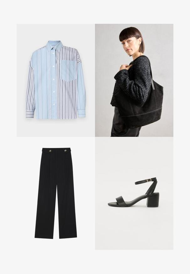 Napapaita, jossa on vaaleansinisiä ja mustia raitoja vuorotellen, yhdessä rinnassa tasku. Valmistettu sileästä kankaasta, pitkät hihat.; Mustat leveälahkeiset housut, joissa on korkea vyötärö, napit vyötärönauhassa ja etupuolella laskokset.; Mustat korkokenkä-sandaalit, joissa on sileä nahkapinta, avoin varvas, leveät etuvarteen strapit ja säädettävä nilkkastrap, jossa on kultainen solkiyksityiskohta.; Musta mokkanahkainen laukku, jossa on sileä pinta, jämäkkä muoto ja kontrastivärinen ommel. Varustettu pitkillä hihnoilla olalla kantamista varten.