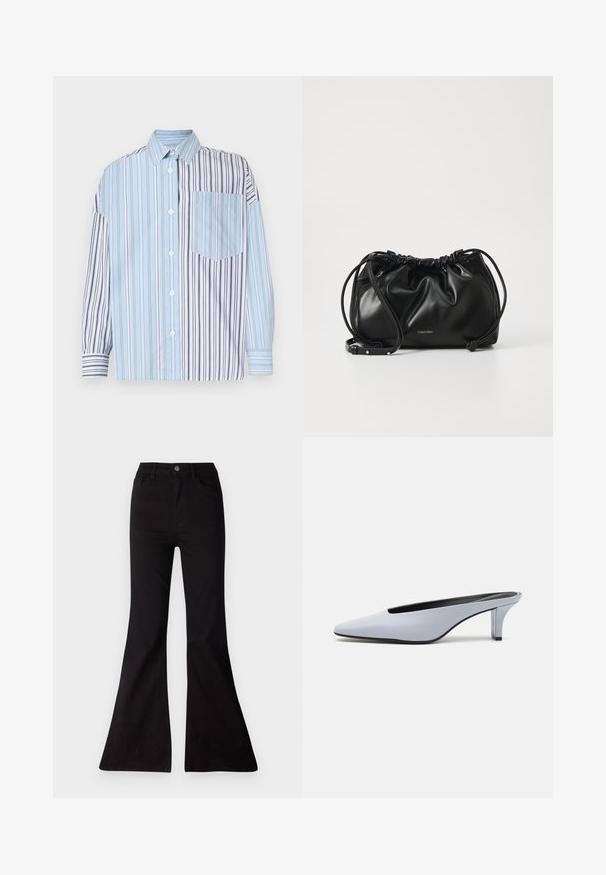 Button-up shirt featuring alternating light blue and black stripes, with a single chest pocket. Made of smooth fabric, long sleeves.; Black flared jeans made of denim, featuring a high waist, front pockets, and a large opening at the hems for a wide-leg silhouette.; Light blue patent leather mule with a pointed toe, low transparent heel, and a sleek design featuring a cut-out at the vamp.; Black leather handbag with gathered design, dual drawstring closure, and detachable shoulder strap. Features metallic logo detail.