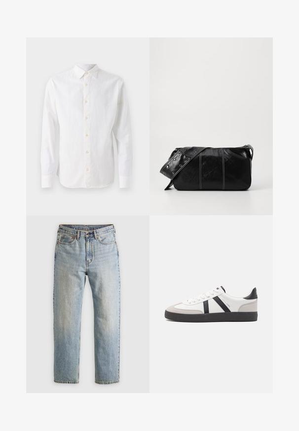Witte blouse met lange mouwen, gemaakt van lichtgewicht stof, met een classique kraag, knoopsluiting aan de voorkant en een gladde, licht gestructureerde oppervlakte.; Lichtblauwe denim jeans met hoge taille, frontknop, rits en vijfzakkenontwerp, plat gelegd op een neutrale achtergrond.; Witte sneaker met zwarte en grijze accenten, voorzien van een grijze neus met textuur, zwarte rubberen zool en platte witte veters. Schoon ontwerp, minimalistische stijl.; Zwarte leren schoudertas met een ritsluiting, voorzien van een gestructureerd lichaam, witte stiksels en een band met zilveren oogjes.