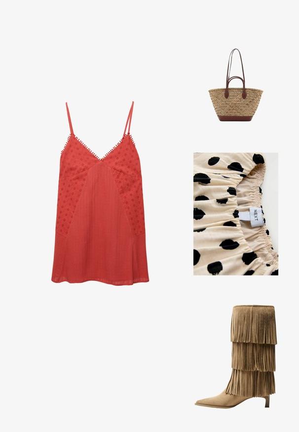 Cream fabric with black polka dots, featuring gathered texture. Label reads "NEXT." Focus on print pattern and elastic gathering details.; Red sleeveless top with V-neck, features embroidered floral patterns and textured panels, finished with decorative trim along straps.; Fringe ankle boot in tan suede with three layered fringes. Pointed toe and a low block heel. Smooth texture throughout.; Woven straw tote bag with braided texture, dark brown leather handles and base, wide circular shape, and open top design.