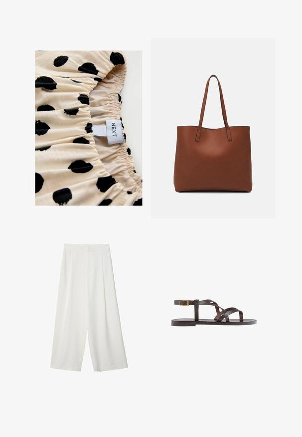 Cremefarbener Stoff mit schwarzen Punkte, der mit einer gerafften Textur versehen ist. Das Etikett besagt "NEXT." Der Fokus liegt auf dem Druckmuster und den elastischen Raffungsdetails.; Weiße, weite, knöchellange Hosen mit glatter Textur, flachem Vorderteil und ohne sichtbare Verschlüsse oder Taschen.; Braune Leder-Sandale mit überkreuzten Riemen, einem Knöchelriemen mit Schnalle und einer flachen Sohle mit minimalen Nähdetails.; Braune Leder-Tote mit glatter Textur, offenem Oberteil und zwei Schulterriemen. Verfügt über minimale Nähte und keine sichtbaren Beschläge.