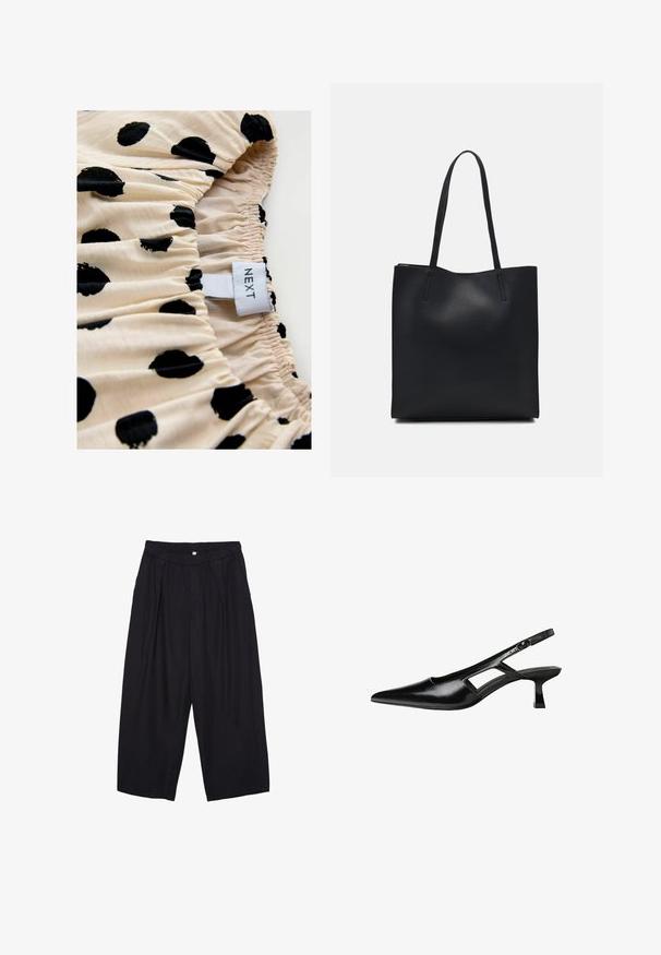 Cream fabric with black polka dots, featuring gathered texture. Label reads "NEXT." Focus on print pattern and elastic gathering details.; Black polyester culotte pants with an elastic waistband, two front pleats, and a loose silhouette. No visible patterns or hardware details.; Black patent leather slingback heels with a pointed toe, cut-out side design, and a small square heel. Smooth texture with minimal accents.; Black leather tote bag with smooth texture, rectangular shape, and two long handles. No visible hardware or embellishments.