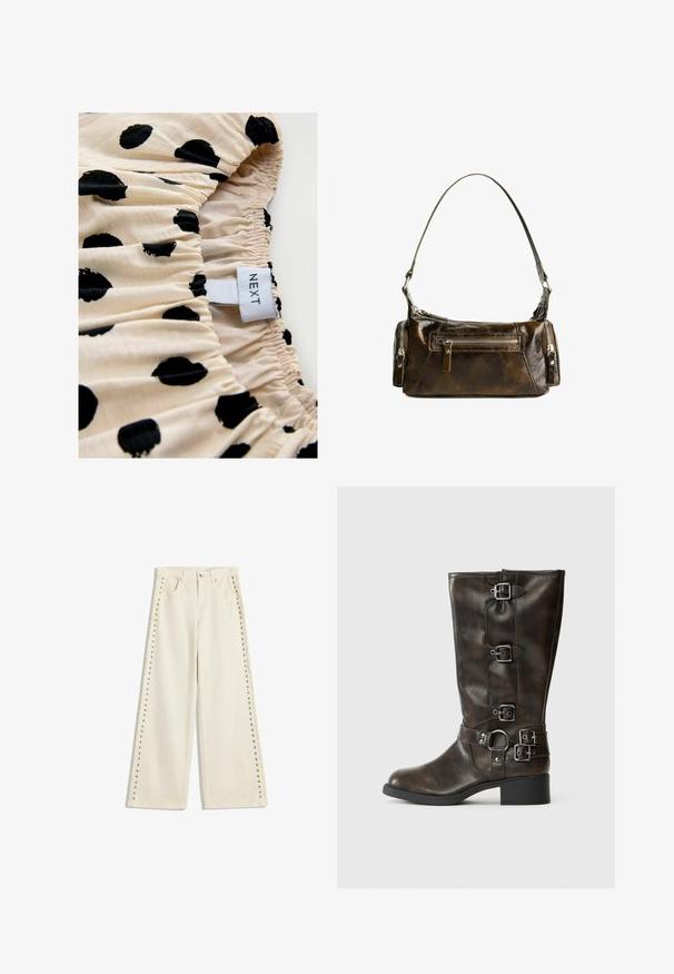 Krémová látka s čiernymi bodkami, s zberanou textúrou. Nálepka znie "NEXT." Zameranie na vzor a detaily elastického zberania.; Svetlé krémové nohavice so širokými nohavicami, ktoré majú kovové cvoky pozdĺž vonkajších švov, päť vreciek a klasické zapínanie na gombík.; Hnedé kožené čižmy po kolená s viacerými prackami, okrúhlou špičkou a nízkym hrubým podpätkom. Majú textúrovaný povrch a nastaviteľné popruhy.; Hnedá kožená kabelka so zakriveným tvarom, striebornými komponentmi a dvomi zipovými vreckami vpredu. Súčasťou je nastaviteľný ramenný popruh.