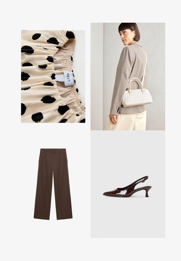 Krämfärgad tyg med svarta prickar, med samlad textur. Etiketten visar "NEXT." Fokusera på tryckmönstret och detaljerna med elastisk samling.; Bruna vida byxor tillverkade av ett mjukt tyg, med hög midja, framtida veck och två sidofickor.; Brun lackläder slingback-sko med spetsig tå och en måttlig klack. Utrustad med en spännband för säker passform. Slät textur.; Vitt strukturerat handväska med korta handtag och en axelrem, med gyllene detaljer och texturerat material, visad mot en grå bakgrund.