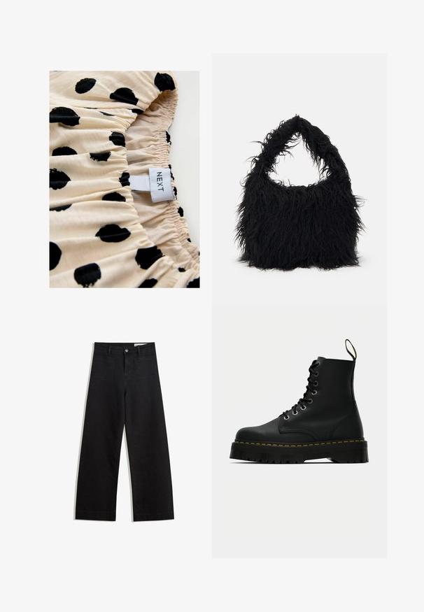 Cream fabric with black polka dots, featuring gathered texture. Label reads "NEXT." Focus on print pattern and elastic gathering details.; Black wide-leg denim pants with a high waist, featuring front and back pockets, stitched seams, and a button closure. Smooth texture.; Black leather lace-up ankle boots with a chunky textured rubber sole and yellow stitching detail around the platform.; Even&Odd Tote bag - black