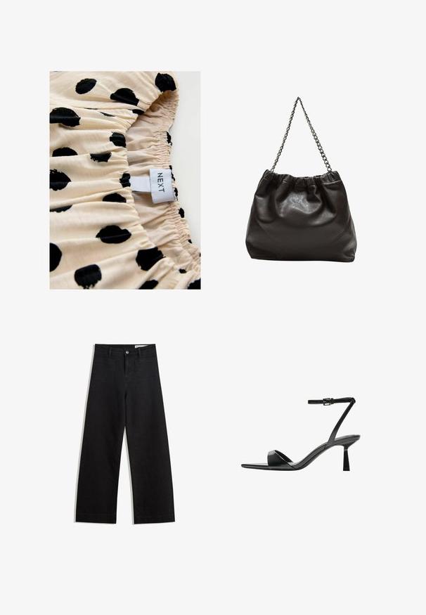 Cremefarvet stof med sorte prikker, prydet med sammensyning. Mærket læser "NEXT." Fokus på printmønster og elastiske samling detaljer.; Sorte wide-leg denim bukser med høj talje, der har front- og baglommer, syede sømme og en knaplukning. Glat tekstur.; Bershka Højhælede sandaletter / Højhælede sandaler - black; Brun lædertaske med en rynket top og en kædestrop. Glat tekstur med en blank finish og subtile sømdetaljer på siderne.
