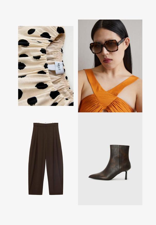 Tejido crema con lunares negros, con textura arrugada. La etiqueta dice "NEXT". Enfoque en el patrón de impresión y los detalles de fruncido elástico.; Pantalones de talle alto marrones con pliegues, hechos de tela suave. Corte holgado, diseño de pierna recta, con lazos para cinturón y cremallera.; Botín de cuero marrón hasta el tobillo con punta afilada, diseño elegante y un tacón negro delgado. Superficie texturizada con un patrón sutil.; Gafas de sol de gran tamaño en carey marrón con un amplio marco rectangular y lentes graduados. Detalles del logo en dorado en el lateral.
