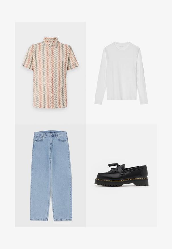 Camisa de manga corta en una tela texturizada y tejida con un patrón de zigzag repetido en tonos de rosa, beige y azul, con botones en la parte delantera.; Camiseta blanca de manga larga, hecha de un tejido suave, con un escote redondo y un diseño liso sin patrones ni acentos visibles.; Jean de mezclilla azul claro con diseño de pierna recta, con una cintura de altura media, cinco bolsillos y un cierre de botón y cremallera.; Mocasín de cuero negro con un acento de borlas, que presenta una suela gruesa negra y costuras amarillas a lo largo del borde. Acabado texturizado.