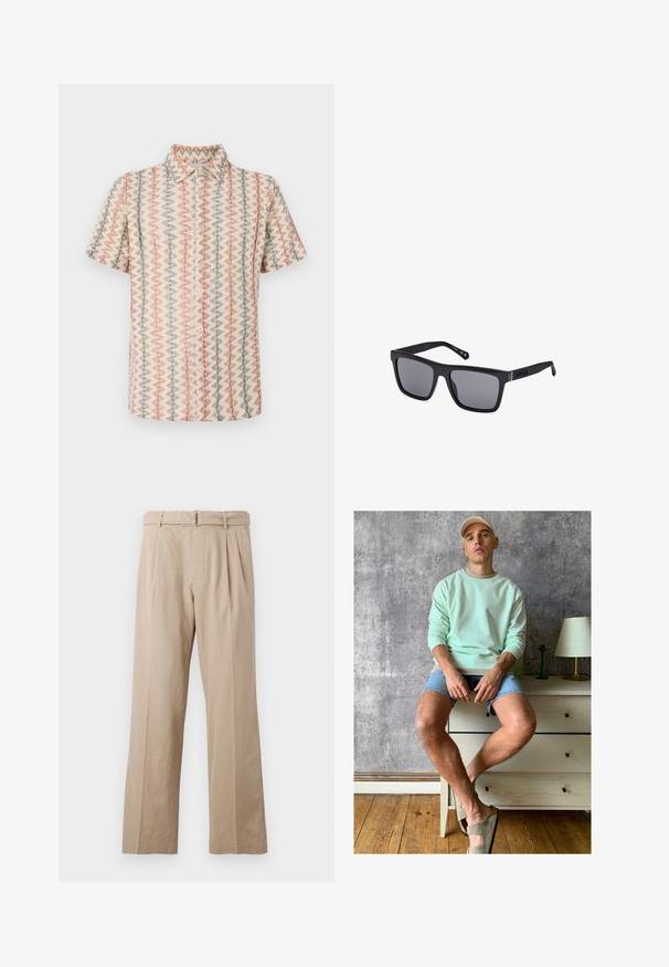 Rövid ujjú ing texturált, szőtt anyagból, ismétlődő cikk-cakk mintával rózsaszín, bézs és kék árnyalatokban, gombos elülső résszel.; Krémszínű, bővett lábú nadrág, sima pamutkeverékből készült, elülső redőkkel, varrott derékpánttal és fémből készült csattal.; Menta zöld kapucnis pulóver, farmer rövidnadrág és olíva zöld slip-on cipők. Egy világos színű komódon ül, amely egy texturált szürke fal előtt helyezkedik el.; Fekete, téglalap alakú napszemüveg sötét lencsékkel, matt felülettel és logóval a szárakon. A kialakítás egyenes élekkel és vastag kerettel rendelkezik.