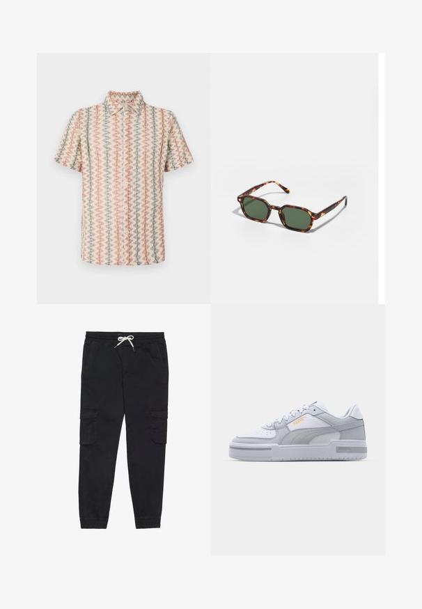 Kratka majica s kratkimi rokavi iz teksturiranega tkanega materiala, ki vsebuje ponavljajoč se zigzag vzorec v odtenkih roza, bež in modre, z gumbi spredaj.; Črne cargo hlače iz bombaža, z elastičnim pasom in vrvico, stranskimi žepi ter zoženimi manšeti.; Sive in bele teniske z gladkim usnjenim zgornjim delom, perforiranim prstom, vezanjem, teksturiranimi detajli in subtilnim zlatim logotipom.; Očalna okvir iz želvje školjke z zelenimi lečami, ki ima osemkotno obliko in tanke, zakrivljene ročke. Material ima sijajno površino.