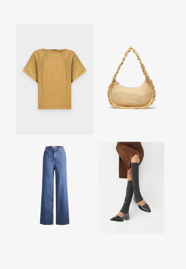 Top a manica corta di colore senape con collo rotondo e vestibilità comoda. Realizzato in tessuto liscio con un design semplice e pulito.; Jeans ampia in denim azzurro chiaro con vita alta, due tasche anteriori e cuciture in vista. Presentano una chiusura con bottone e zip.; Scarpe nere in pelle verniciata con punta affilata, tacco a blocco e cinturino alla caviglia, abbinate a scaldamuscoli grigi a coste e una gonna in suede marrone.; Borsa beige strutturata con forma arrotondata, bordo sfrangiato lungo i lati e una tracolla corta per il trasporto. Apertura con zip nella parte superiore.