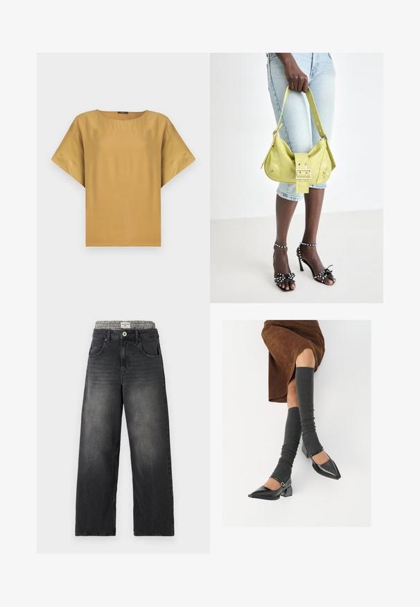 Short-sleeved, mustard-colored top with a round neck and a relaxed fit. Made from smooth fabric with a simple, clean design.; Black denim wide-leg jeans with a houndstooth patterned waistband. Features include front pockets and a button closure. Distressed texture.; Black patent leather pointed-toe shoes with a block heel and ankle strap, paired with gray ribbed leg warmers and a brown suede skirt.; Yellow perforated handbag with a buckle detail and adjustable strap, paired with denim shorts and black high-heeled sandals with bows.