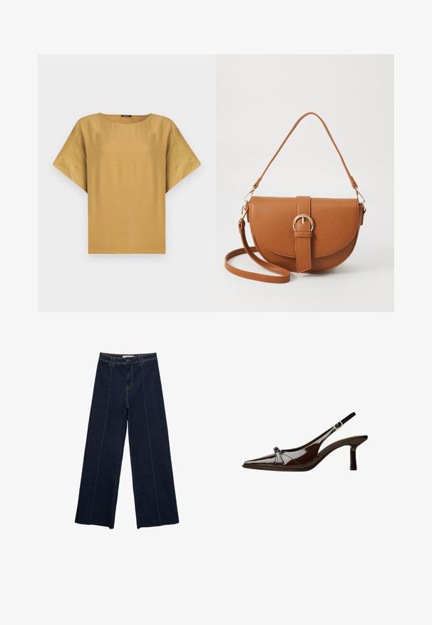 Top a manica corta di colore senape con collo rotondo e vestibilità comoda. Realizzato in tessuto liscio con un design semplice e pulito.; Pantaloni in denim scuro a gamba larga con cuciture a contrasto, vita alta e taglio dritto. Presentano tasche anteriori e una chiusura classica con bottone.; Scarpa slingback in pelle verniciata marrone con punta appuntita, tacco basso e un accentuato fiocco decorativo nella parte anteriore. Texture liscia e lucente.; Borsa a tracolla in pelle marrone con forma curvata, hardware dorato e un dettaglio con fibbia. Presenta una tracolla rimovibile.