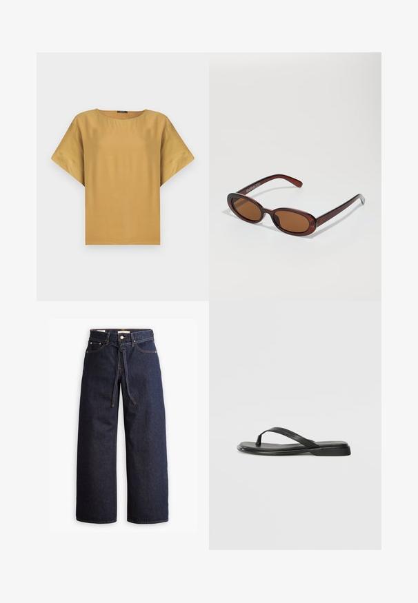Short-sleeved, mustard-colored top with a round neck and a relaxed fit. Made from smooth fabric with a simple, clean design.; Wide-leg dark blue denim jeans with a high waist, featuring a drawstring tie, five pockets, and contrasting stitching details.; Black flip-flop made of smooth leather, featuring a thin strap design and a flat sole with a minimal profile. No notable patterns or accents.; Round, brown-tinted sunglasses with a glossy burgundy frame. Slim arms with subtle branding detail. Flat lens design.