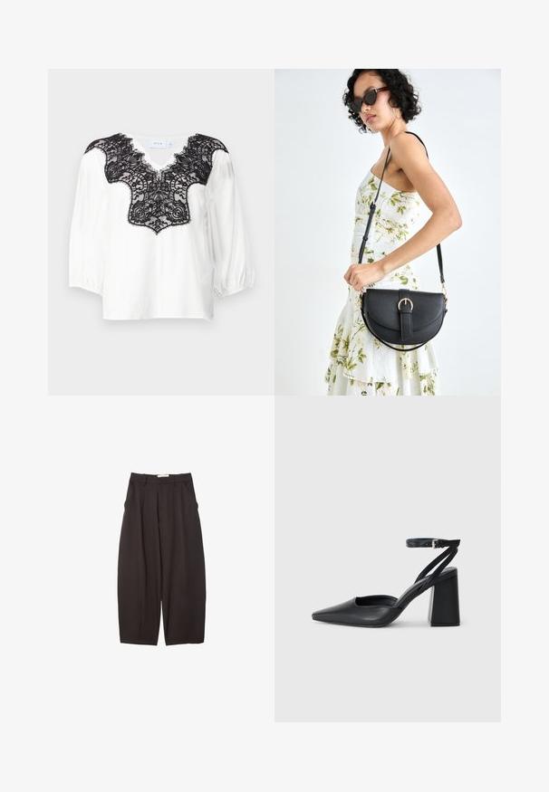 Biela blúzka s čiernym krajkovým detailom na výstrihu, s V-čkovým strihom a naberanými rukávmi. Hladká látka s precíznym krajkovým vzorom.; Čierne široké nohavice vyrobené z hladkej tkaniny, s vysokým pásom, prednými skladmi a bočnými vreckami. Jednoduchý dizajn bez ozdôb.; Čierne kožené lodičky s špicatou špičkou a členkovým remienkom, s masívnym podpätkom. Hladký povrch, elegantný dizajn a minimalistická estetika.; Čierna kožená kabelka s zaobleným tvarom, odnímateľným popruhom a zlatými doplnkami. Kabelka má klopu s detailom s prackou.