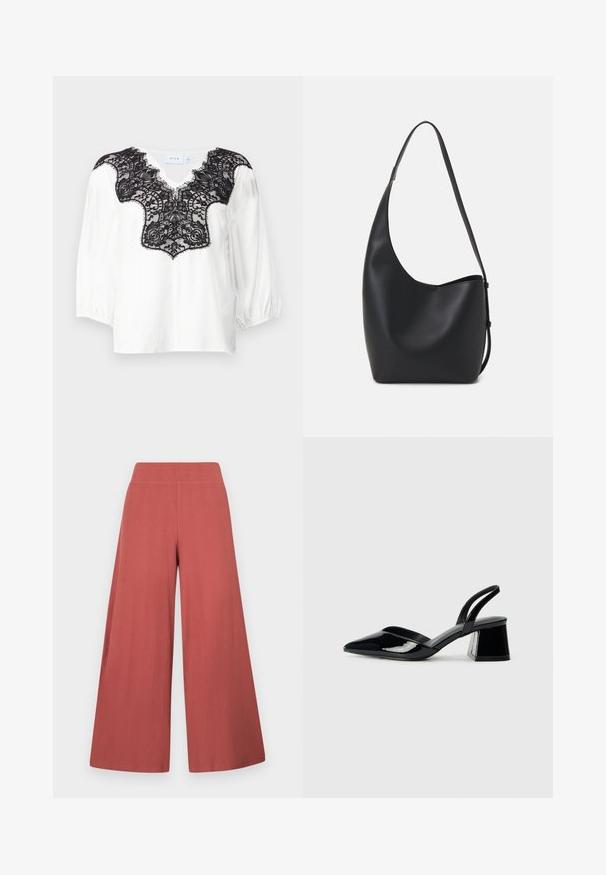Fehér blúz fekete csipke díszítéssel az nyakkivágáson, V-alakú szabással és puffos ujjal. Sima anyag bonyolult csipke mintázattal.; Rozsdabarna színű, bőszárú nadrág, texturált, függőleges bordázatú anyagból készült. Magas, rugalmas derékpánttal rendelkezik.; Fekete lakk bőr szandálkés magas sarkú cipő, hegyes orral és geometrikus tömbsarkakkal. Karcsú, minimalista dizájn és sima textúra jellemzi.; Fekete bőr hobo táska sima textúrával, ívelt formával és egyetlen állítható pánttal; széles nyílás található a tetején.