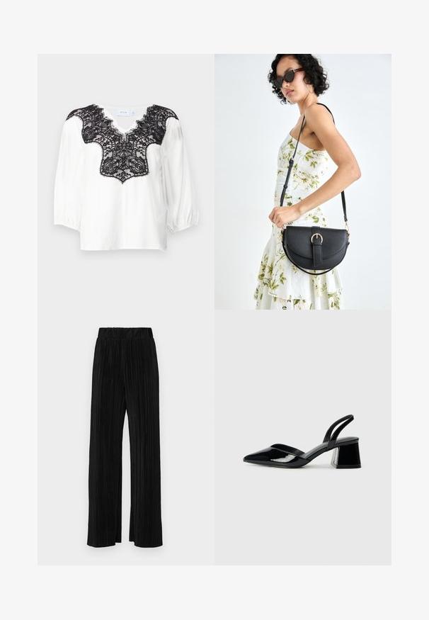 Balta bluzė su juoda nėriniuota apykakle, su V formos iškirpte ir pūstomis rankovėmis. Lygi medžiaga su sudėtingu nėriniuotu raštu.; Juodi plisuoti kelnės su elastine juosta. Turėkite plačias kojas ir glotnų, tekstūrinį audinį su vertikaliais dryžiais.; Juodos lakuotos odinės šlepetės su smailiu pirštu ir geometriniu bloko kulnu. Turi elegantišką, minimalistinį dizainą ir lygų paviršių.; Juodas odinis krepšys su išlenkta forma, nuimamu dirželiu ir auksiniais detalėmis. Krepšys turi kilpą su sagtimi.