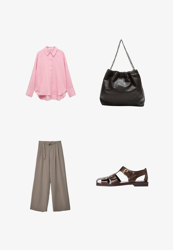 Mango Camicia - light pink; Pantaloni a gamba larga in un morbido tessuto grigio tenue, con vita con cintura e pieghe per un tocco di design aggiuntivo. Texture liscia, senza motivi.; Sandal in pelle marrone con un design a intaglio, cinturino laterale regolabile e suola piatta, con dettagli metallici e punta aperta.; Borsa in pelle marrone con parte superiore arricciata e tracolla a catena. Texture liscia con finitura lucida e dettagli di cucitura sottili sui lati.