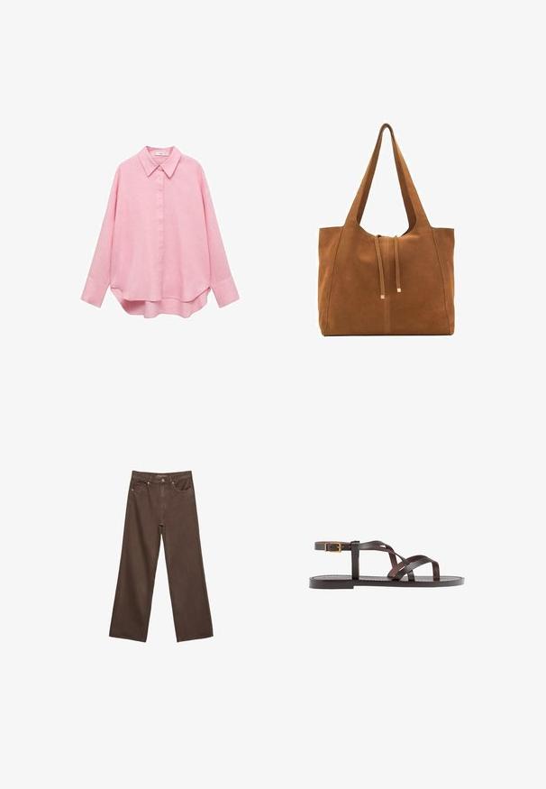 Mango Skjortebluser - light pink; Bredde ben brun denim jeans med høj talje, forlommer og klassisk knaplukning. Glat tekstur med diskret syninger.; Brune lædersandal med krydsende stropper, ankelspænde og en flad sål med minimale syninger.; Brun ruskinds-tote med to lange stropper, snørelukning og minimalistisk design. Glat tekstur og ingen synlige hardware-detaljer.