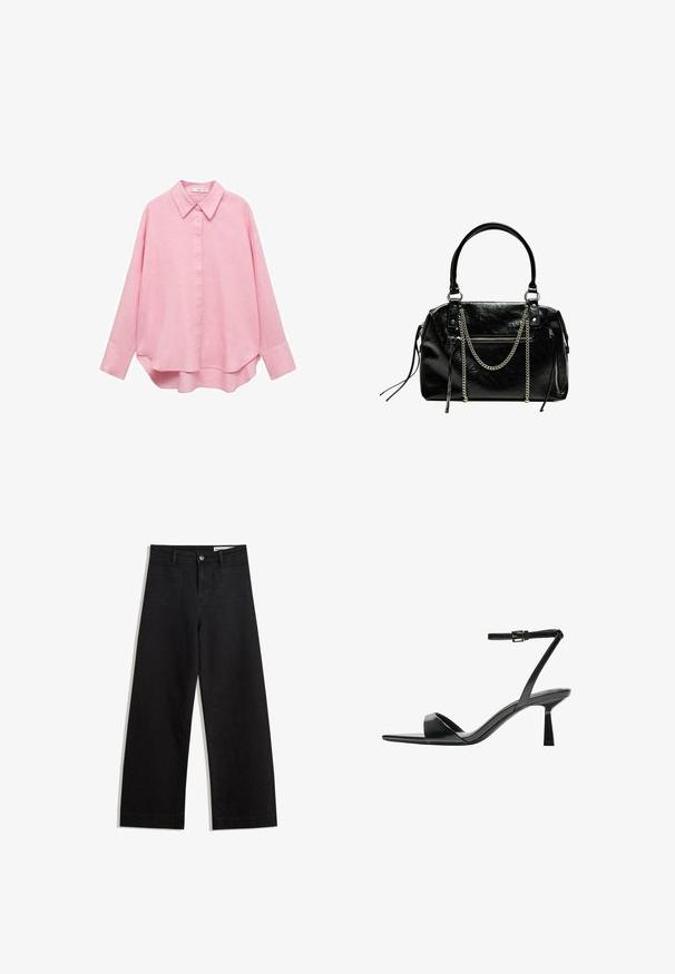 Mango Button-down blouse - light pink; Black wide-leg denim pants with a high waist, featuring front and back pockets, stitched seams, and a button closure. Smooth texture.; Bershka High heeled sandals - black; Bershka WITH CHAIN - Handbag - black