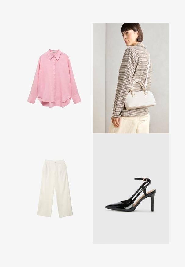 Mango Bluza z gumbi - light pink; Hlače širokih nogavic iz kremaste tkanine z gladko teksturo, z enim sprednjim gumbom, diskretnimi plisami in visokim pasom.; Črne lakaste usnjene čevlje na visoki peti z odprtim petnim delom, usnjeni trak za prilagoditev okrog gležnja in z ozkimi stranskimi odprtinami. Gladka tekstura.; Bela strukturirana torba z kratkimi ročaji in naramnim trakom, z zlatimi okrasnimi elementi in teksturiranim materialom, prikazana na sivi podlagi.