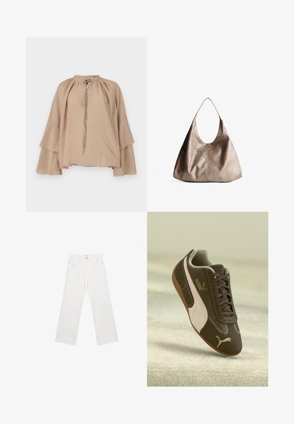 Beige Bluse aus leichtem Stoff, mit langen Glockenärmeln, gerafftem Ausschnitt mit einer Schleife und einer lockeren, lässigen Passform.; Weiße Denim-Hose mit weitem Beinschnitt, ausgestattet mit einem klassischen Fünf-Taschen-Design, Metallbeschlägen und Kontrastnähten. Glatte Textur und lockere Passform.; Braune Puma-Sneaker mit beiger Streifen und Logo, geschnürt, auf einer strukturierten beigen Oberfläche ruhend.; Beige Leder Hobo-Tasche mit glatter Textur. Verfügt über eine große, offene Oberseite und einen einzelnen, breiten Schulterriemen. Abgerundete, lässige Form.