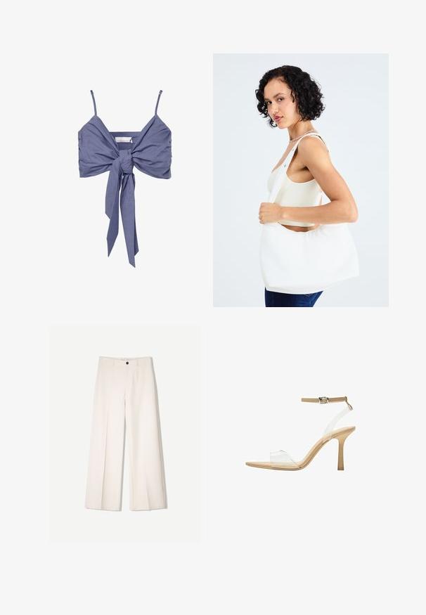Fialový zkrácený top s tenkými nastavitelnými ramínky, který má přední uzel a nařasenou látku pro zajímavou texturu. Vyrobeno z měkkého, elastického materiálu.; Krémové široké kalhoty s tailored designem, které mají dvě přední kapsy a jedno zapínání na knoflík vpředu, vyrobené z hladkého materiálu.; Průhledná sandálová obuv s průhledným svrškem, béžovou stélkou a štíhlým páskem kolem kotníku. Má špičatou špičku a tenký vysoký podpatek.; Bílá kabelka přes rameno vyrobená z hladkého materiálu, s oválným výřezem a širokým designem popruhu. Jednoduchá a moderní, bez viditelného hardwaru.