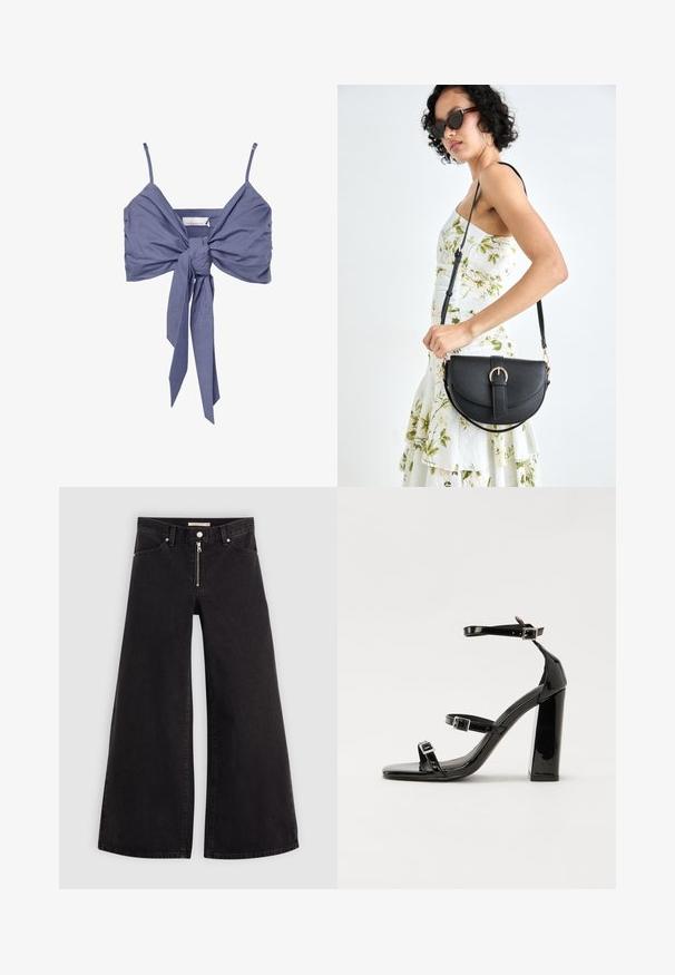 Lila rövidített felső vékony, állítható pántokkal, elöl csomózott részlettel és ráncolt anyaggal a textúráért. Puha, rugalmas anyagból készült.; Fekete denim széles szárú farmer, cipzáros elejével, öt zsebes kialakítással és diszkrét varrással. Sima textúra és laza stílus.; Fekete lakk magas sarkú szandál négyzet alakú orral, bokapántokkal és ezüst csatokat tartalmaz. Masszív blokk sarka a stabilitásért felel.; Fekete bőrtáska ívelt formával, levehető pánttal és arany színű fémrészekkel. A táskán egy csattal díszített fedél található.