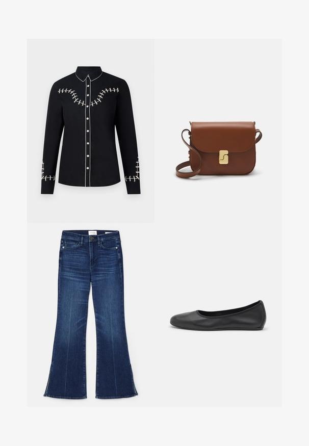 Melns pogu krekls ar apkakli, kas izceļas ar kontrastējošu balto šuvju detaļu uz krūtīm un piedurknēm. Gluda auduma tekstūra.; Tumši zili zvērīši, izgatavoti no denima. Iespējas augsta jostasvieta, priekšējās kabatas un šķēlumi apakšmalā. Klasisks piecu kabatu dizains.; Melna ādas baleta kurpe ar noapaļotu purngalu, gludu tekstūru, minimālu šuvju detalizāciju un elastīgu zoles dizainu.; Bordo ādas rokas soma ar atloku, zeltītām detaļām, plecu siksnu un gludu virsmu. Kompakta, taisnstūrveida forma.