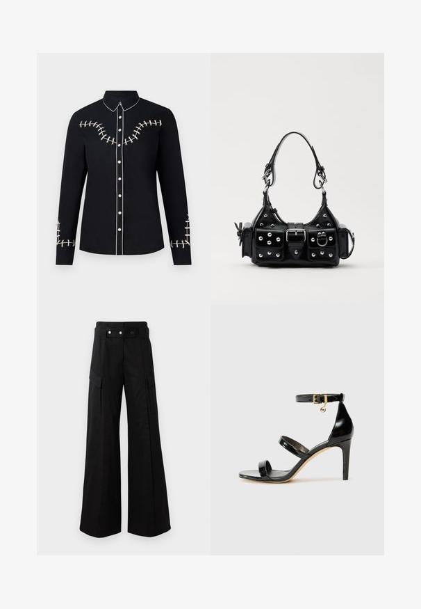 Fekete gombos ing, gallérral, kontrasztos fehér varrási részletekkel a mellrészen és az ujjakon. Sima szövettextúra.; Fekete, bő szárú nadrág magas derékkal, nagyméretű oldalsó zsebekkel, két elülső gombbal és hurok részlettel. Tartós anyagból készült.; Fekete lakk bőr szandál három pánttal, bokapánttal és 10 cm magasságú tűsarokkal. Arany színű részletekkel és logó charm-mal rendelkezik.; Fekete bőr kézitáska ívelt designnal, ezüst szegecsekkel, csattal és két oldalsó zsebbel. Állítható vállpánt a hordozási lehetőségekhez.