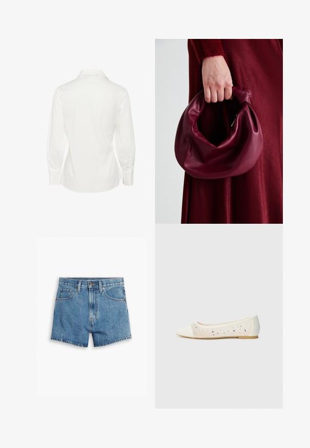 Balta ilgomis rankovėmis maršina su smailiu apykakle, pasižyminti glotniu tekstūru ir prigludusia forma, papuošta mygtukinėmis rankovėmis ir kreivai supjaustytu apatine dalimi.; Šviesiai mėlyni džinsiniai šortai, turintys penkis kišenes, užtrauktuko užsegimą ir mygtuko uždarymą. Apačia yra nusidėvėjusi, o dizainas yra laisvo pjūvio.; Kreminės odos balerinos bateliai su skaidriu viršumi, dekoruoti išsibarsčiusiais kristalais. Minkštas padas užtikrina komfortą, minimalistinis dizainas.; Bordo odinė rankinė su minkštu, susiraukšlėjusiu dizainu ir apvalia forma. Rankena yra tvirtai pritvirtinta, atskleidžianti lygią tekstūrą.