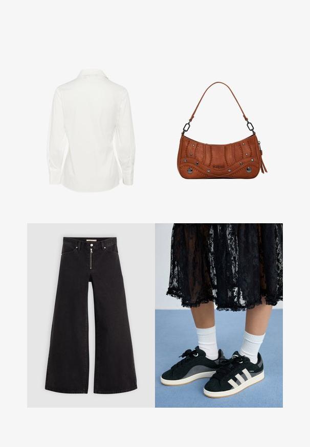 Camicia bianca a maniche lunghe con colletto a punta, caratterizzata da una texture liscia e una forma aderente, dettagliata con polsini a bottoni e orlo curvo.; Jeans a gamba larga in denim nero con chiusura a zip, design a cinque tasche e dettagli di cucitura sottili. Texture morbida e stile casual.; Una gonna di pizzo nero mette in risalto calze bianche e scarpe nere con strisce grigie chiare su uno sfondo blu, evidenziando un look casual elegante.; Borsa sintetica marrone con design curvo, cuciture dettagliate, borchie metalliche e manico corto. Chiusura con cerniera e elementi decorativi.
