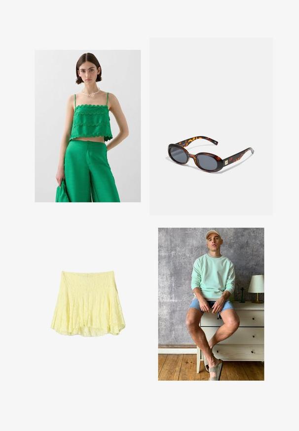 Top verde a triangolo con bordi ondulati, abbinato a pantaloni larghi verdi coordinati. Texture liscia, design minimalista e spalline regolabili.; Gonna a campana gialla realizzata in tessuto testurizzato, con un design a strati e un orlo leggermente irregolare. Aspetto leggero e arioso.; Felpa verde menta, shorts in denim e scarpe slip-on verde oliva. Seduto su un comò chiaro contro un muro grigio texturizzato.; Occhiali da sole tartaruga marrone con lenti ovali e tonalità grigio scuro. Presentano un accento in tono oro sulle astine. Texture in plastica liscia.