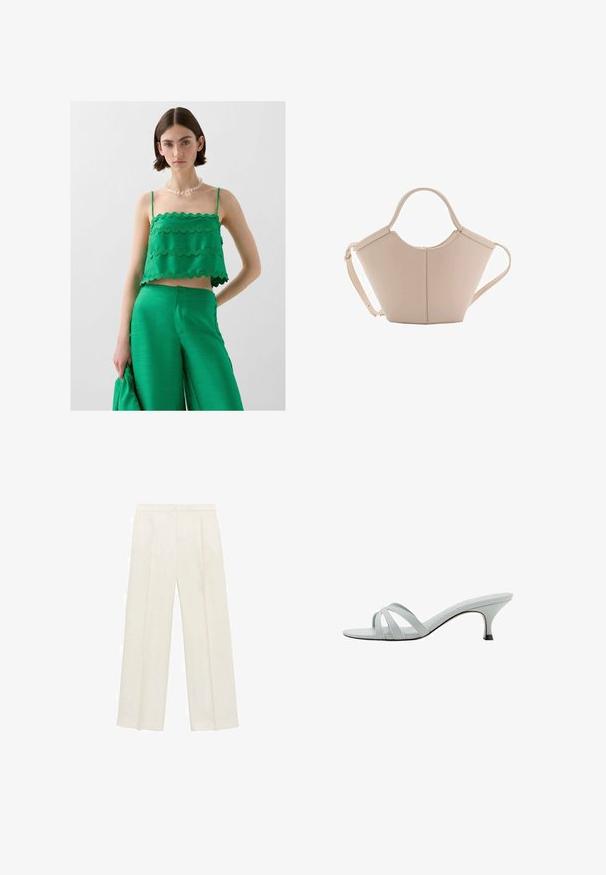 Groene cropped top met golvende randen, gecombineerd met bijpassende groene wijde broek. Gladde textuur, minimalistisch ontwerp en verstelbare banden.; Wijdgevallen broeken in een lichtcrème kleur. Gemaakt van een zachte stof met plooien aan de voorkant en zijzakken.; Lichtgrijze hakken met drie kruislings geplaatste banden, een slank profiel en een taps toelopende hak. Gladde textuur met een lichtglanzende afwerking.; Beige leren handtas met een unieke vorm, voorzien van twee korte handvatten en een lange verstelbare schouderriem. Glad oppervlak met minimale hardware.
