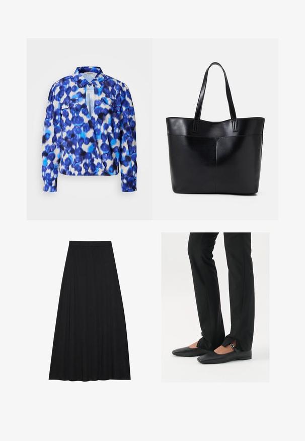 Camisa de mangas compridas com um padrão abstrato azul e branco, apresentando um colarinho, dois bolsos frontais e punhos com botão. Feita de tecido leve.; Saia maxi preta feita de um tecido suave e fluido. Apresenta uma cintura elástica e uma silhueta plena em A, com uma textura suave.; Sapatilhas de balé pretas em couro com bico fino, tira com fivela prateada, combinadas com calças pretas ajustadas com bainha fendida.; Bolsa tote preta em couro com duas alças longas, textura suave e forma estruturada. Apresenta um bolso frontal para armazenamento adicional.