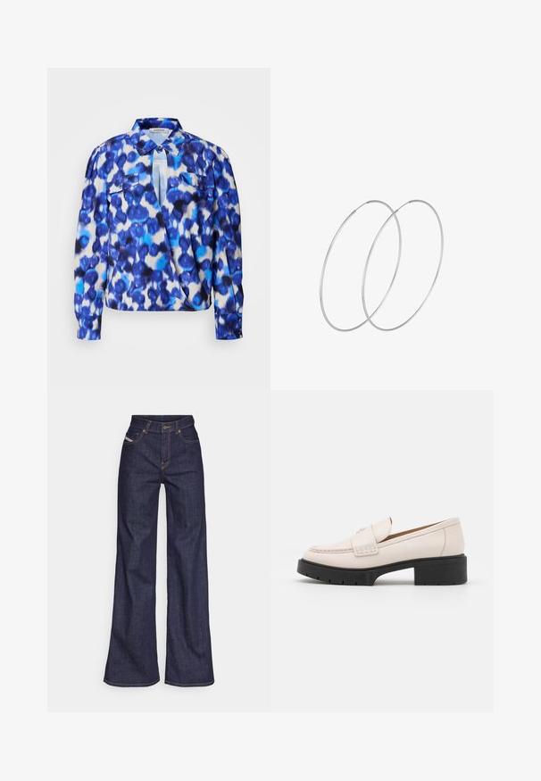 Camisa de manga larga con un patrón abstracto en azul y blanco, con cuello, dos bolsillos frontales y puños con botones. Confeccionada en tejido ligero.; Vaqueros de pierna ancha de color azul oscuro, fabricados en denim, con cintura alta, costuras naranjas, diseño de cinco bolsillos y cierre de botón.; Mocasines de cuero beige claro con un frente cosido y un tacón de plataforma negro texturizado. Presenta un diseño curvado y una ligera elevación.; Pendientes de aro plateados con un diseño minimalista. Forma circular, textura suave y perfil delgado. Livianos con un acabado pulido.