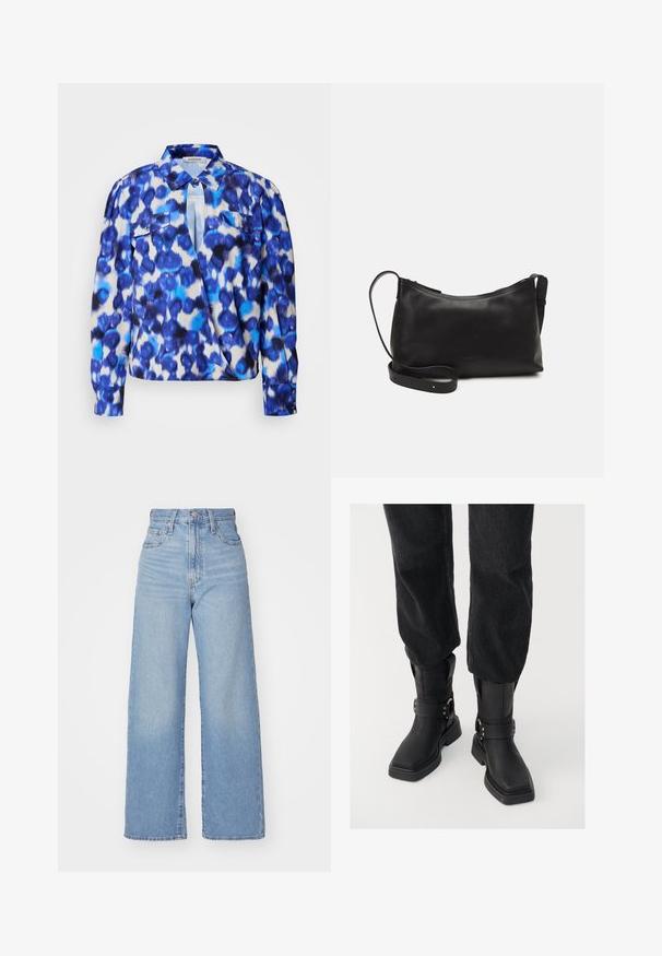 Langarmhemd mit einem blau-weißen abstrakten Muster, ausgestattet mit einem Kragen, zwei Fronttaschen und Knopfmanschetten. Aus leichtem Stoff gefertigt.; Hellblaue High-Waist-Weite-Leg-Jeans mit Knopf- und Reißverschluss vorne, Vorder- und Rückentaschen, auf weißem Hintergrund.; Schwarze Leder-Stiefeletten mit eckiger Zehenpartie, ausgestattet mit einem breiten Riemen und metallischem Schnallen-Detail. Die Stiefel haben eine klobige Sohle und eine glatte Textur.; Schwarze Ledertasche für die Schulter mit glatter Textur, geschwungener Form, verstellbarem Tragegurt und Reißverschluss. Minimalistisches Design ohne Verzierungen.