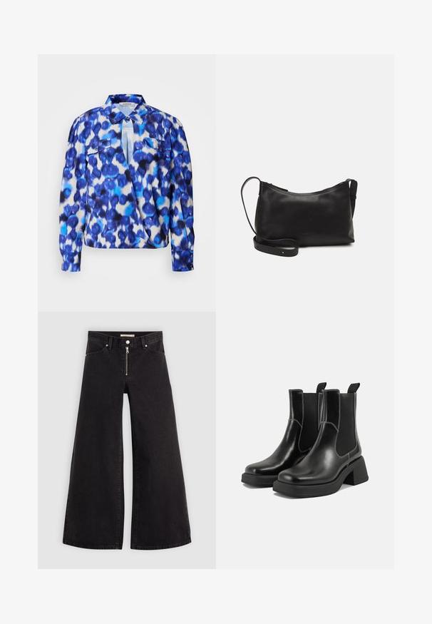 Cămașă cu mâneci lungi, cu un model abstract albastru și alb, având un guler, două buzunare frontale și manșete cu butoane. Fabricată dintr-un material ușor.; Jeans cu picioare largi din denim negru, cu fermoar în față, design cu cinci buzunare și detalii subtile de cusătură. Textură netedă și stil casual.; Botine Chelsea din piele neagră, cu toc masiv, panouri laterale elastice și cusături albe contrastante. Finisaj texturat.; Geantă de umăr din piele neagră, cu o textură netedă, formă curbată, curea ajustabilă și închidere cu fermoar. Design minimalist, fără embellishments.