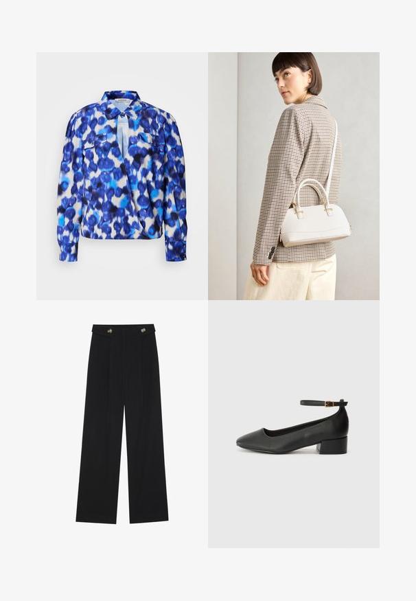 Langermet skjorte med et blått og hvitt abstrakt mønster, med krage, to frontlommer og knappelommer. Laget av lett materiale.; Svart vide bukser med høy midje, knappdetaljer på midjebåndet og frontplisser.; Sorte skinnpumper med spiss tå og lav blokkhelt. Har ankelrem med gullfarget spenne. Glatt tekstur.; Hvit strukturert håndveske med korte håndtak og skulderreim, med detaljer i gullfinish og teksturert materiale, vist mot en grå bakgrunn.